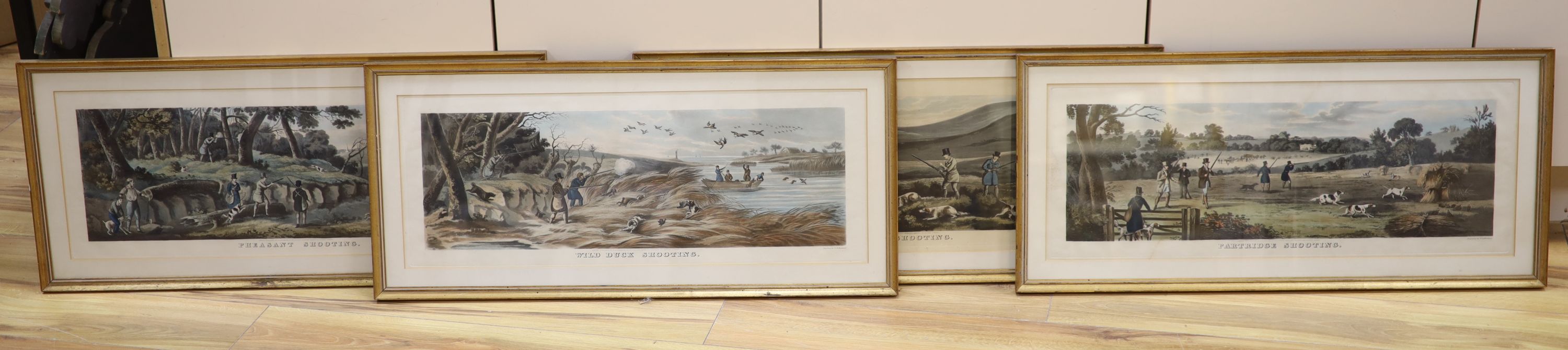 Ackermann publ., a set of four colour aquatints, Shooting scenes, 27 x 71cm